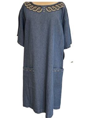 Tia Womens Denim Shift Dress Plus 2X Studded Neck Pockets Y2K Relaxed Fit NEW
